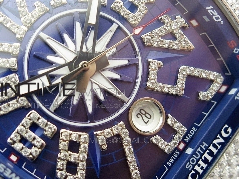 Vanguard V45 SS Full Diamonds Blue Textured Diamonds Markers on Blue Gummy Strap A2813