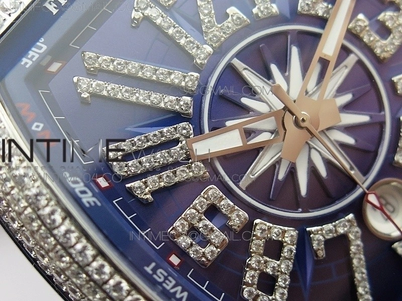 Vanguard V45 SS Full Diamonds Blue Textured Diamonds Markers on Blue Gummy Strap A2813