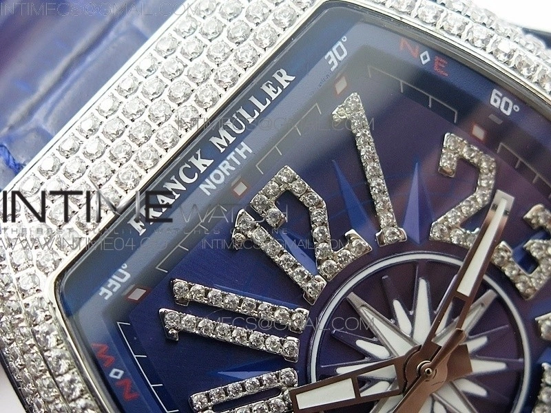 Vanguard V45 SS Full Diamonds Blue Textured Diamonds Markers on Blue Gummy Strap A2813