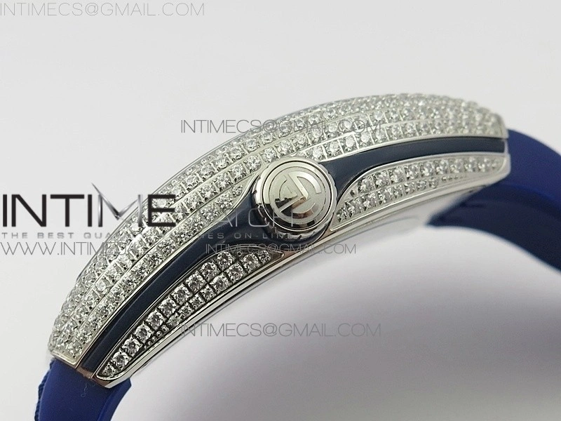 Vanguard V45 SS Full Diamonds Blue Textured Diamonds Markers on Blue Gummy Strap A2813