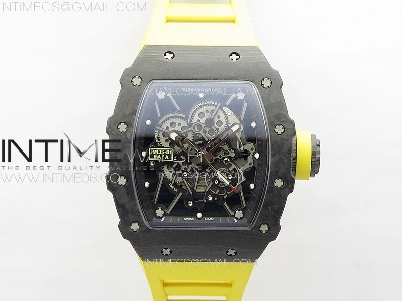RM035-01 Forged Carbon Case KUF Best Edition Yellow Crown on Yellow Rubber Strap MIYOTA8215