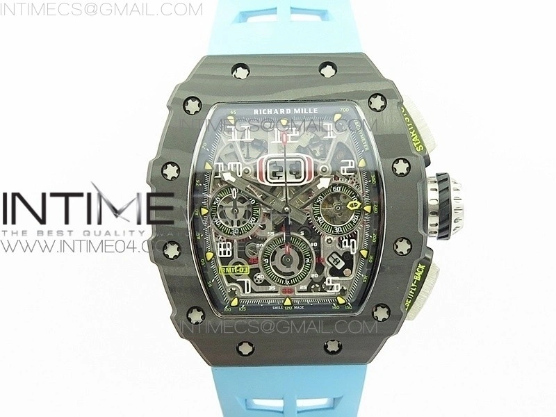 RM011 Carbon Case Chrono KVF 1:1 Best Edition Crystal Skeleton Yellow Dial on Blue Rubber Strap A7750
