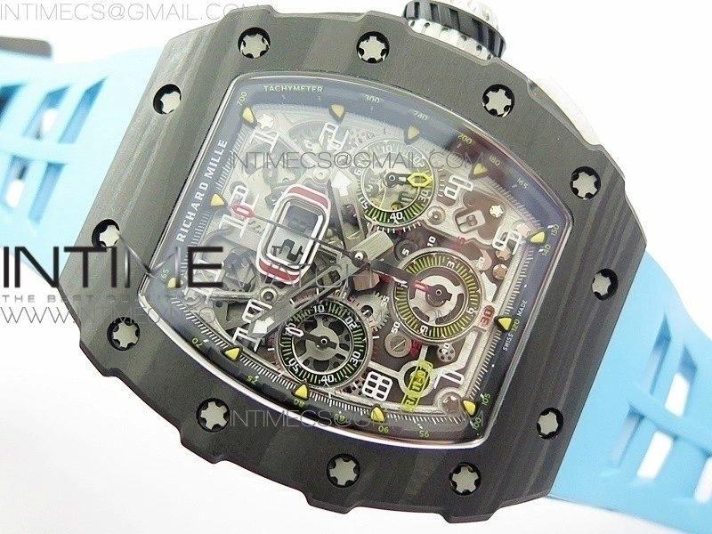 RM011 Carbon Case Chrono KVF 1:1 Best Edition Crystal Skeleton Yellow Dial on Blue Rubber Strap A7750