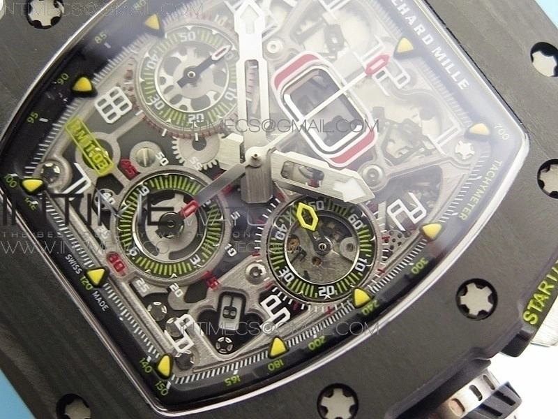 RM011 Carbon Case Chrono KVF 1:1 Best Edition Crystal Skeleton Yellow Dial on Blue Rubber Strap A7750
