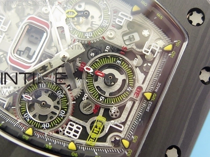 RM011 Carbon Case Chrono KVF 1:1 Best Edition Crystal Skeleton Yellow Dial on Blue Rubber Strap A7750
