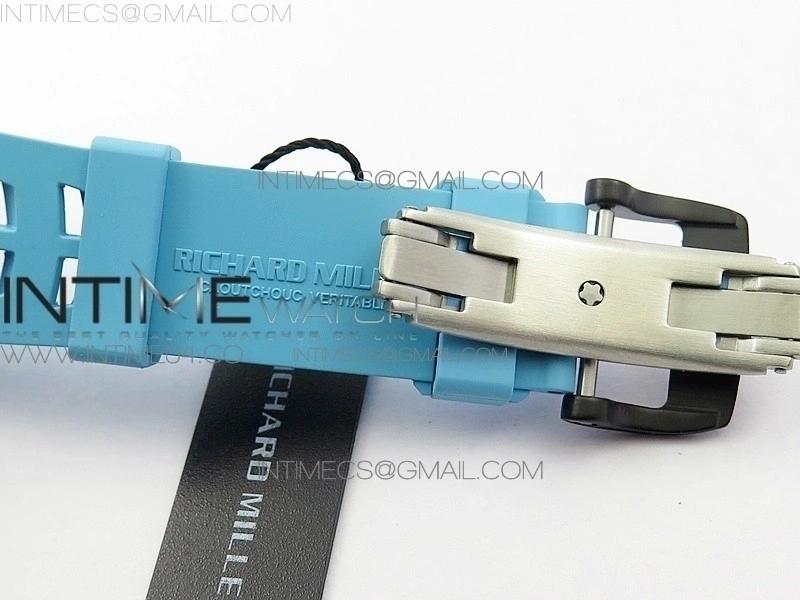 RM011 Carbon Case Chrono KVF 1:1 Best Edition Crystal Skeleton Yellow Dial on Blue Rubber Strap A7750