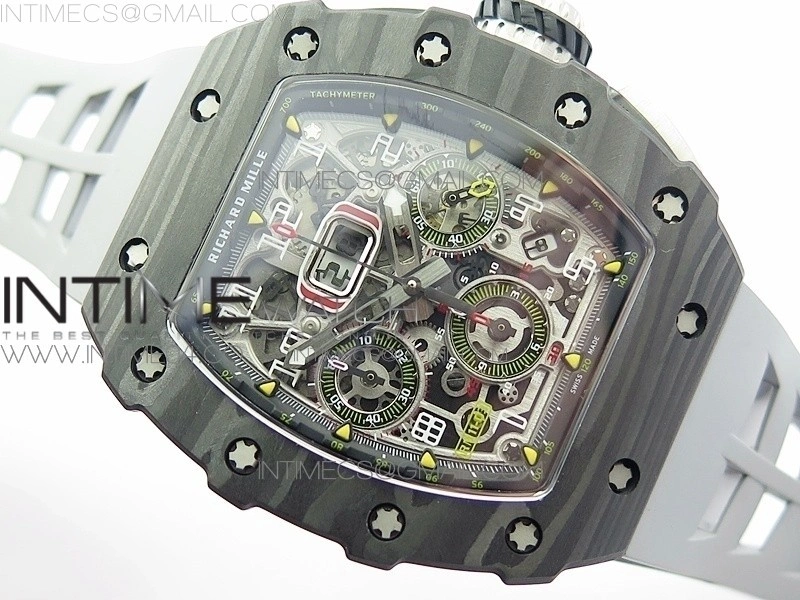 RM011 Carbon Case Chrono KVF 1:1 Best Edition Crystal Skeleton Yellow Dial on Gray Rubber Strap A7750