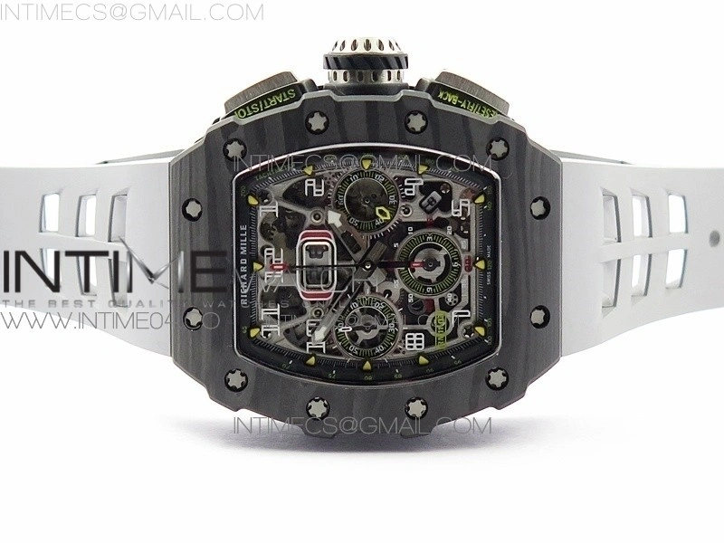 RM011 Carbon Case Chrono KVF 1:1 Best Edition Crystal Skeleton Yellow Dial on Gray Rubber Strap A7750