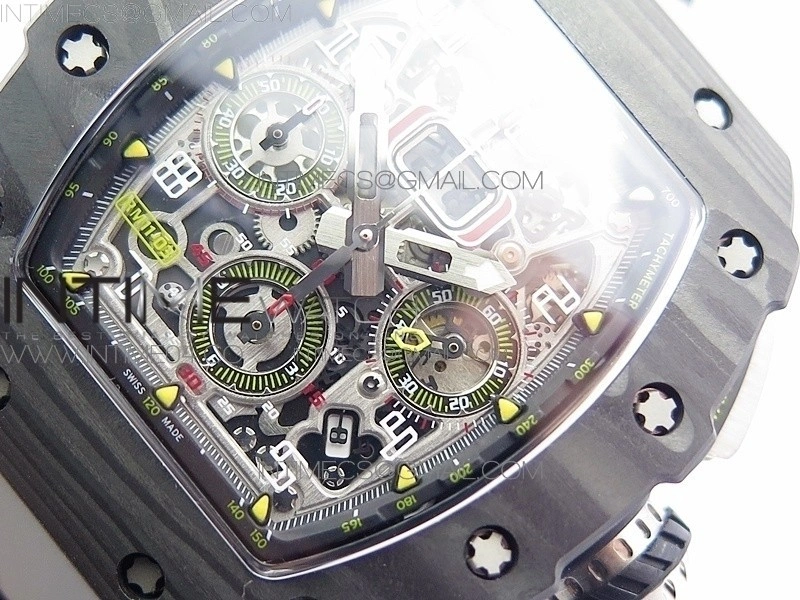 RM011 Carbon Case Chrono KVF 1:1 Best Edition Crystal Skeleton Yellow Dial on Gray Rubber Strap A7750