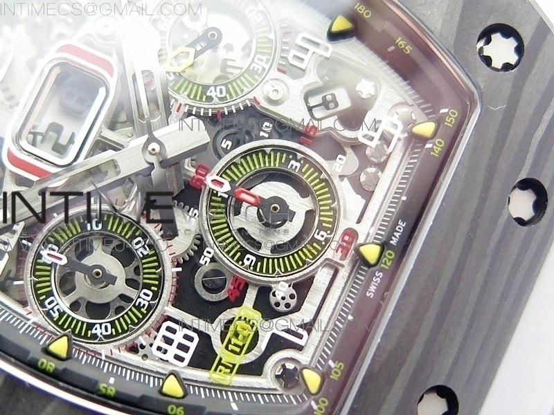 RM011 Carbon Case Chrono KVF 1:1 Best Edition Crystal Skeleton Yellow Dial on Gray Rubber Strap A7750