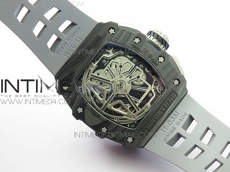RM011 Carbon Case Chrono KVF 1:1 Best Edition Crystal Skeleton Yellow Dial on Gray Rubber Strap A7750