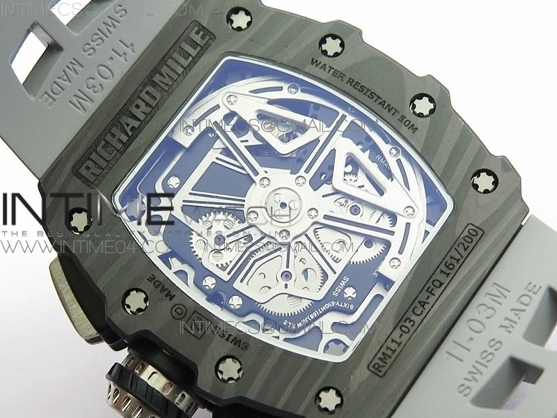 RM011 Carbon Case Chrono KVF 1:1 Best Edition Crystal Skeleton Yellow Dial on Gray Rubber Strap A7750