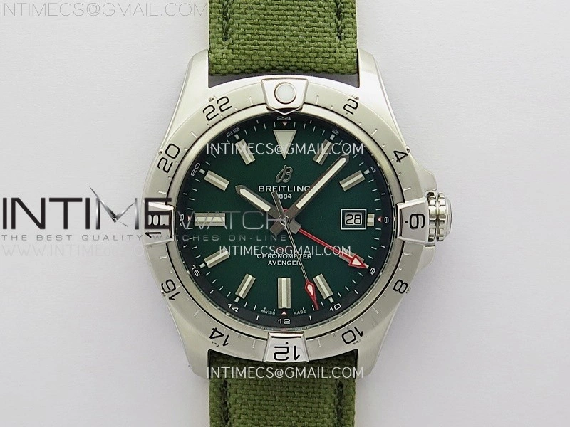Avenger Chronometer 42mm GMT SS BLSF 1:1 Best Version Green Dial On Green Nylon Strap A2836