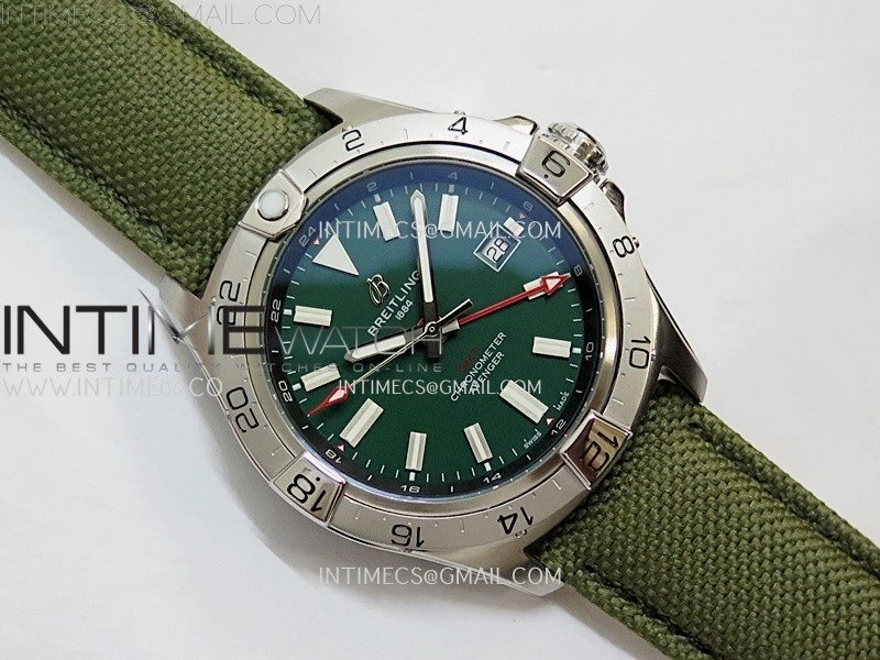 Avenger Chronometer 42mm GMT SS BLSF 1:1 Best Version Green Dial On Green Nylon Strap A2836