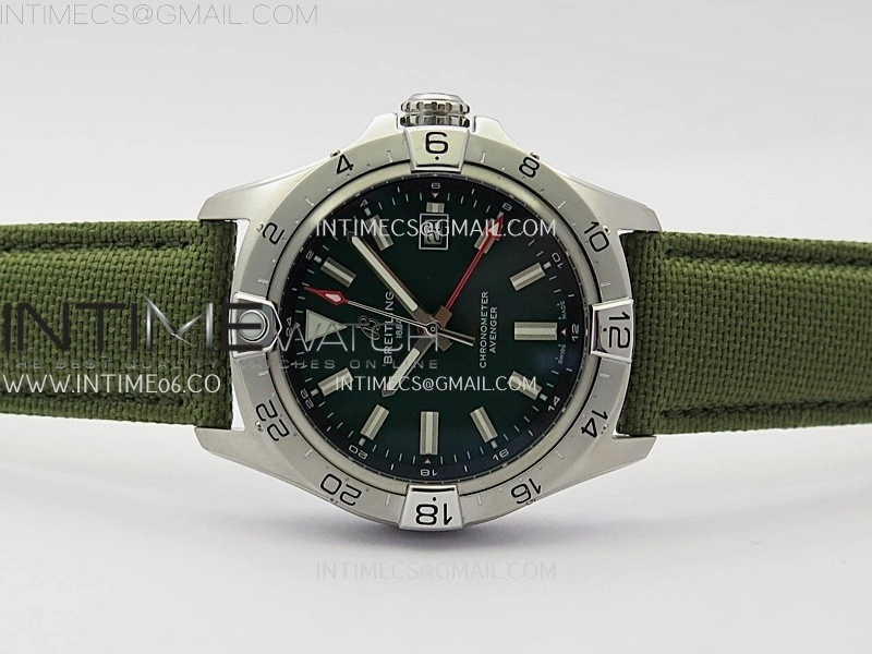 Avenger Chronometer 42mm GMT SS BLSF 1:1 Best Version Green Dial On Green Nylon Strap A2836