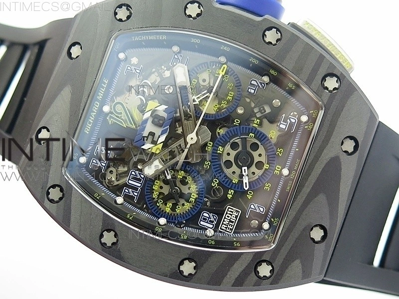 RM011 SS Felipe Massa 10th Anniversary KVF 1:1 Best Edition Crystal Skeleton Dial Blue on Black Rubber Strap A7750
