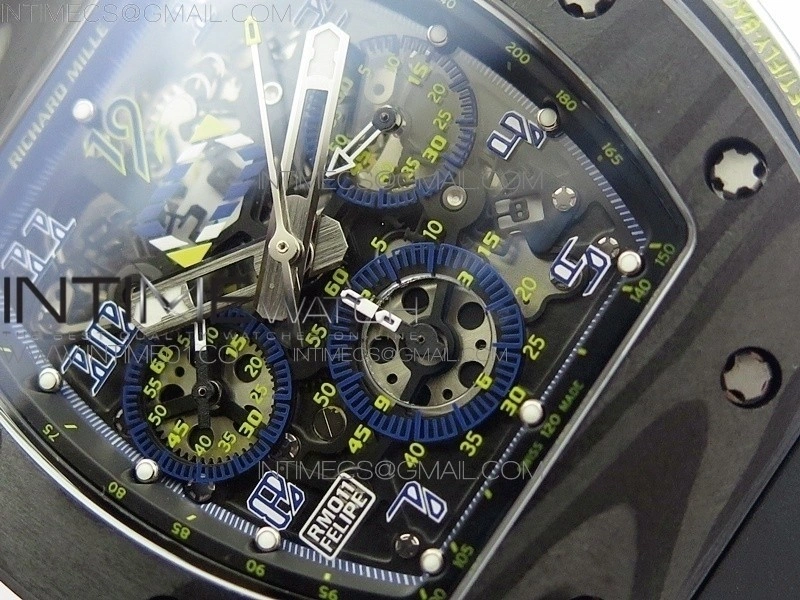 RM011 SS Felipe Massa 10th Anniversary KVF 1:1 Best Edition Crystal Skeleton Dial Blue on Black Rubber Strap A7750