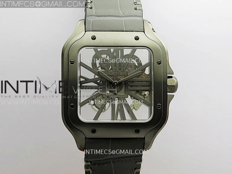 Santos Skeleton PVD RICH Factory 1:1 Best Edition Skeleton black Dial On Black Leather Strap 9612MC Super Clone