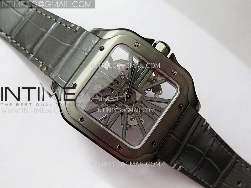 Santos Skeleton PVD RICH Factory 1:1 Best Edition Skeleton black Dial On Black Leather Strap 9612MC Super Clone