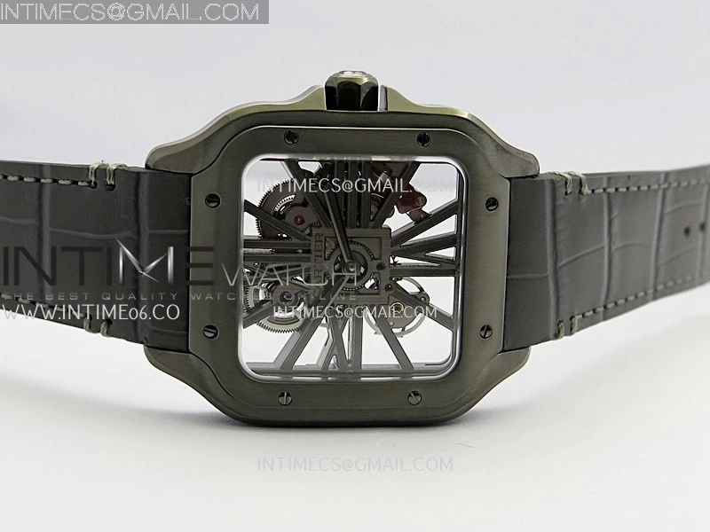 Santos Skeleton PVD RICH Factory 1:1 Best Edition Skeleton black Dial On Black Leather Strap 9612MC Super Clone