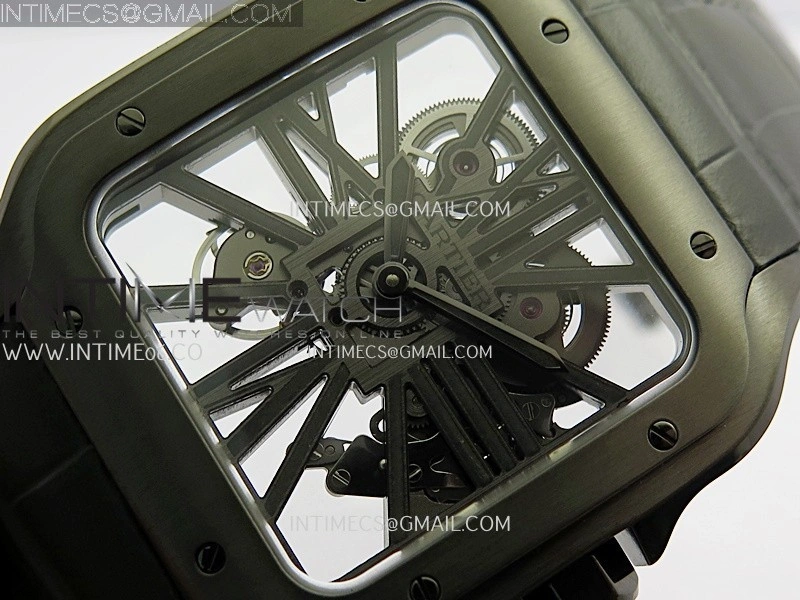 Santos Skeleton PVD RICH Factory 1:1 Best Edition Skeleton black Dial On Black Leather Strap 9612MC Super Clone