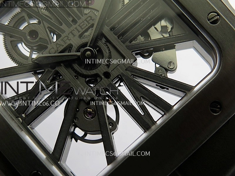 Santos Skeleton PVD RICH Factory 1:1 Best Edition Skeleton black Dial On Black Leather Strap 9612MC Super Clone