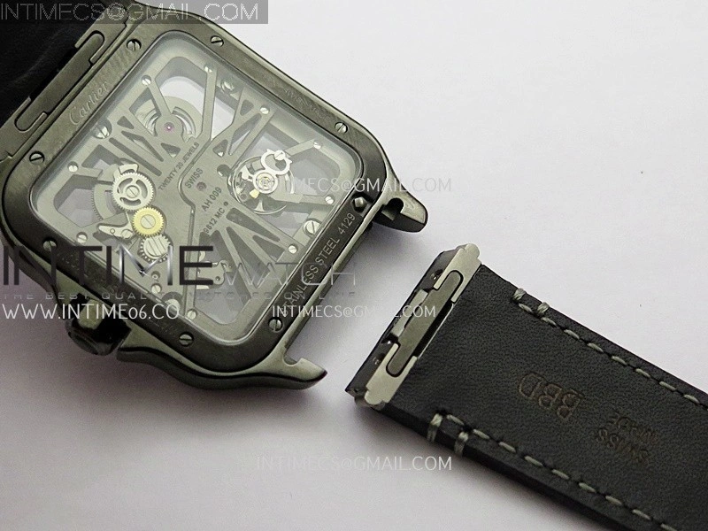Santos Skeleton PVD RICH Factory 1:1 Best Edition Skeleton black Dial On Black Leather Strap 9612MC Super Clone