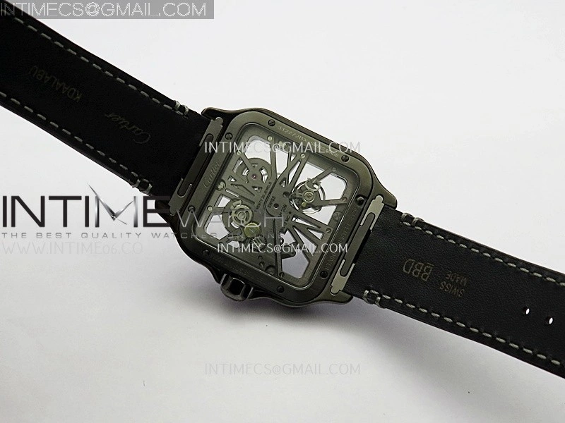 Santos Skeleton PVD RICH Factory 1:1 Best Edition Skeleton black Dial On Black Leather Strap 9612MC Super Clone