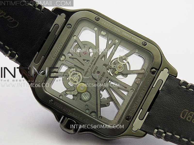 Santos Skeleton PVD RICH Factory 1:1 Best Edition Skeleton black Dial On Black Leather Strap 9612MC Super Clone
