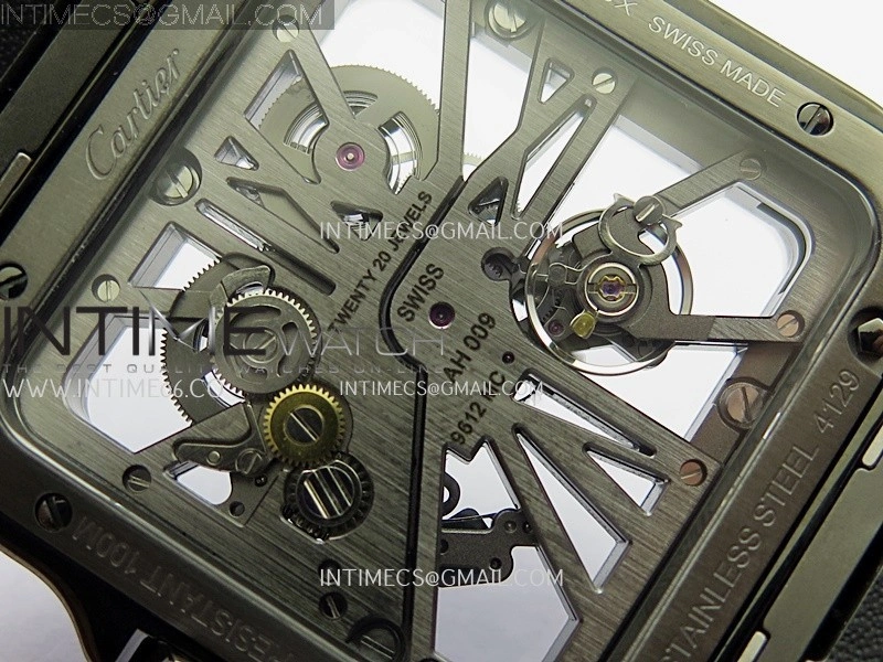 Santos Skeleton PVD RICH Factory 1:1 Best Edition Skeleton black Dial On Black Leather Strap 9612MC Super Clone
