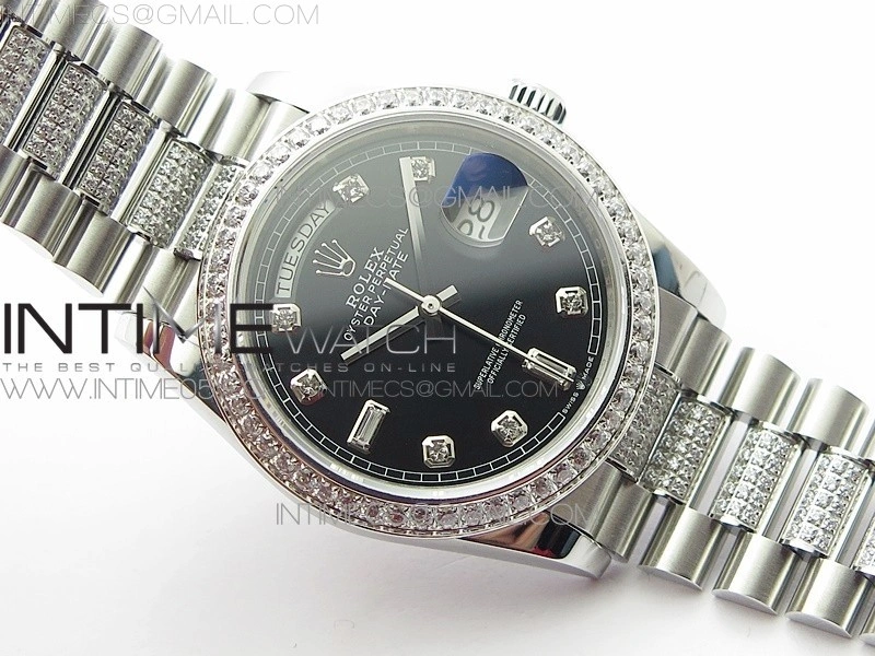 Day-Date 36 128239 SS Crystal BP Best Edition Black Crystal Markers Dial on SS President Bracelet A2836