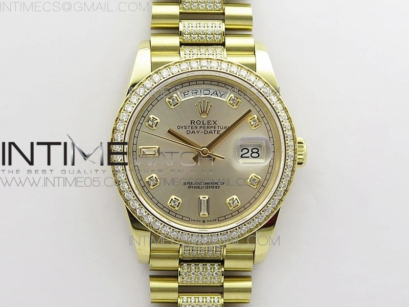 Day-Date 36 128235 YG Crystal BP Best Edition Silver Crystal Marker Dial on YG President Bracelet A2836