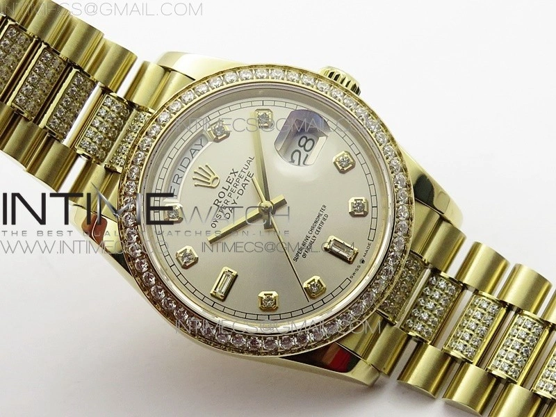 Day-Date 36 128235 YG Crystal BP Best Edition Silver Crystal Marker Dial on YG President Bracelet A2836