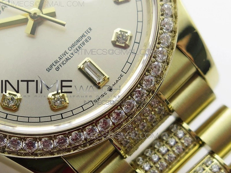 Day-Date 36 128235 YG Crystal BP Best Edition Silver Crystal Marker Dial on YG President Bracelet A2836