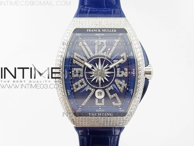 Vanguard V45 SS Full Diamonds ABF Best Edition Blue Textured Dial Diamonds Markers on Blue Gummy Strap A2824