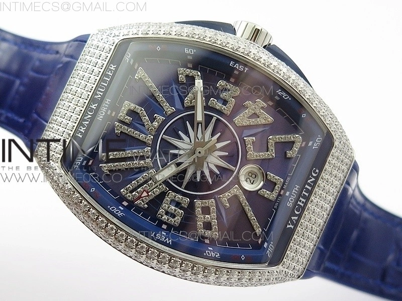 Vanguard V45 SS Full Diamonds ABF Best Edition Blue Textured Dial Diamonds Markers on Blue Gummy Strap A2824