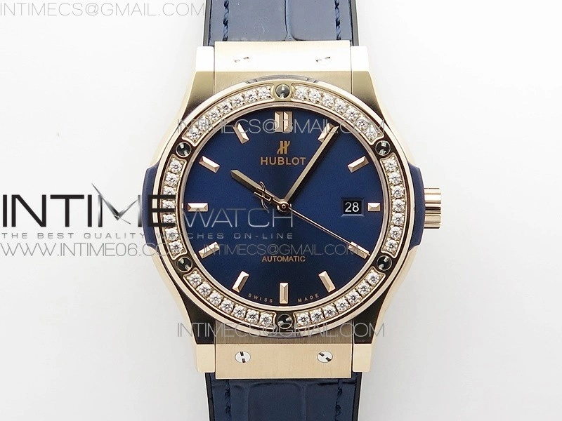Classic Fusion 42mm RG Paved Diamonds Bezel B50F Blue Dial On Blue Gummy Strap A2892