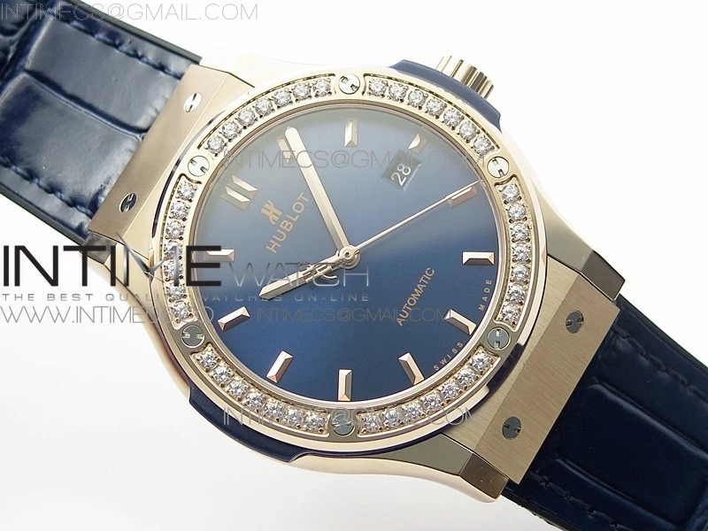 Classic Fusion 42mm RG Paved Diamonds Bezel B50F Blue Dial On Blue Gummy Strap A2892