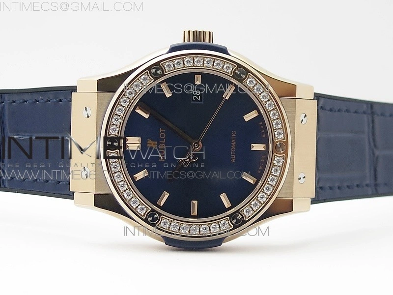 Classic Fusion 42mm RG Paved Diamonds Bezel B50F Blue Dial On Blue Gummy Strap A2892