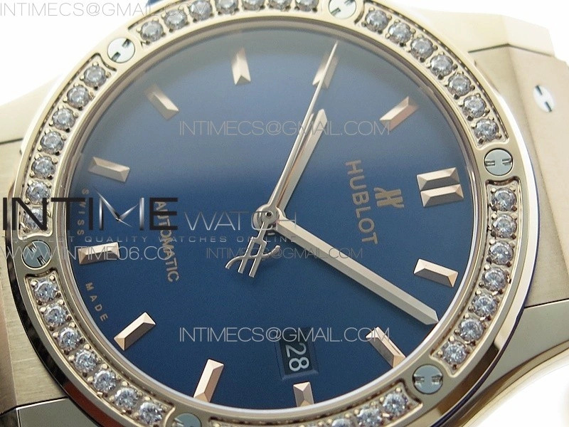 Classic Fusion 42mm RG Paved Diamonds Bezel B50F Blue Dial On Blue Gummy Strap A2892