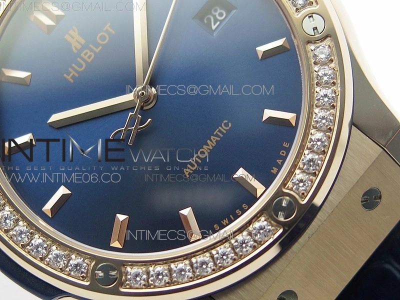Classic Fusion 42mm RG Paved Diamonds Bezel B50F Blue Dial On Blue Gummy Strap A2892