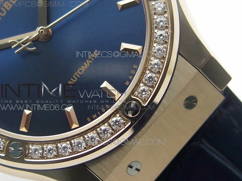 Classic Fusion 42mm RG Paved Diamonds Bezel B50F Blue Dial On Blue Gummy Strap A2892