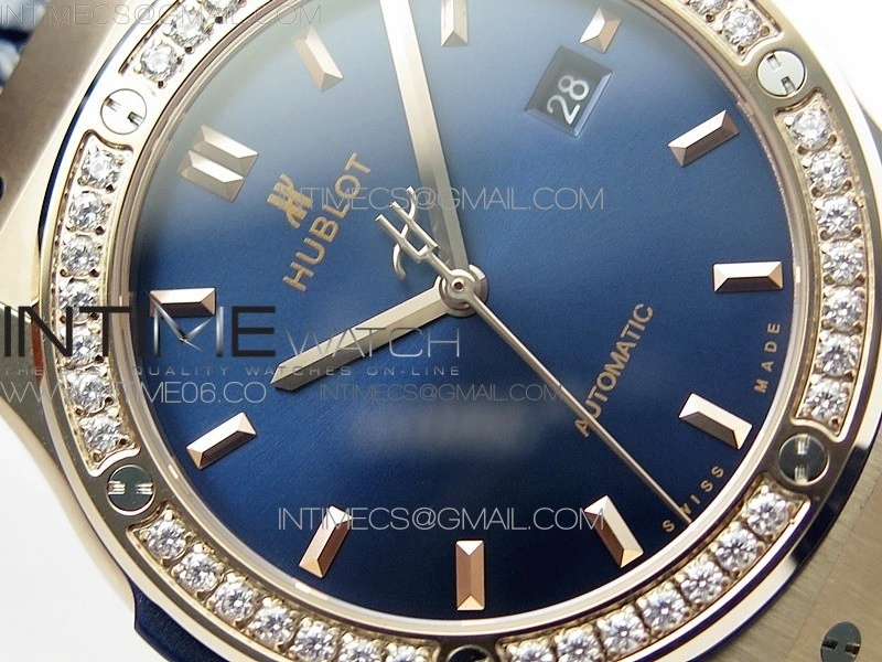 Classic Fusion 42mm RG Paved Diamonds Bezel B50F Blue Dial On Blue Gummy Strap A2892