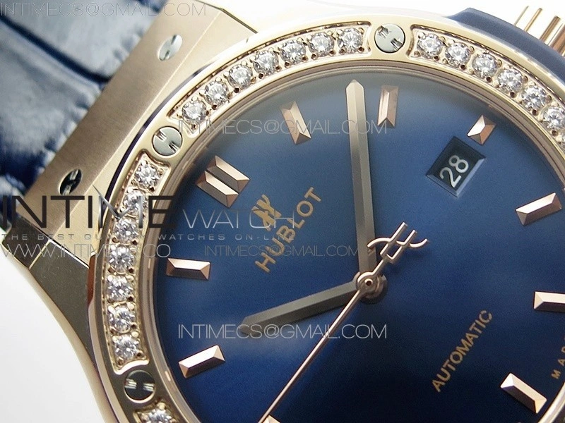 Classic Fusion 42mm RG Paved Diamonds Bezel B50F Blue Dial On Blue Gummy Strap A2892