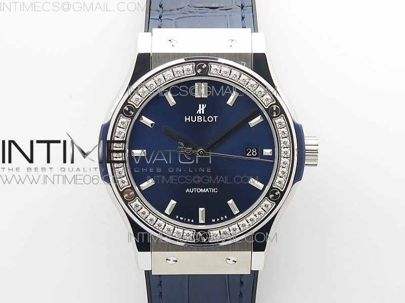 Classic Fusion 42mm SS Paved Diamonds Bezel B50F Blue Dial On Blue Gummy Strap A2892