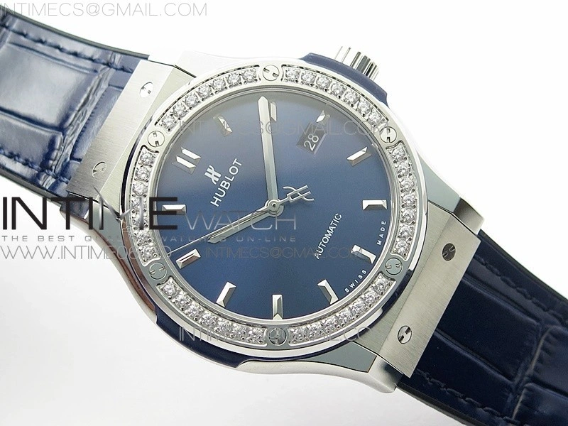 Classic Fusion 42mm SS Paved Diamonds Bezel B50F Blue Dial On Blue Gummy Strap A2892