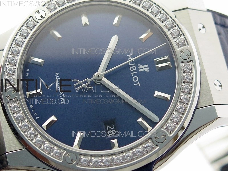 Classic Fusion 42mm SS Paved Diamonds Bezel B50F Blue Dial On Blue Gummy Strap A2892