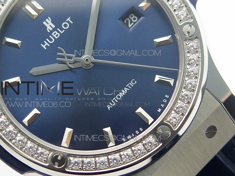 Classic Fusion 42mm SS Paved Diamonds Bezel B50F Blue Dial On Blue Gummy Strap A2892