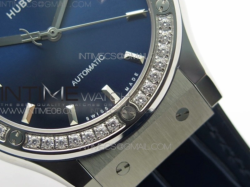 Classic Fusion 42mm SS Paved Diamonds Bezel B50F Blue Dial On Blue Gummy Strap A2892