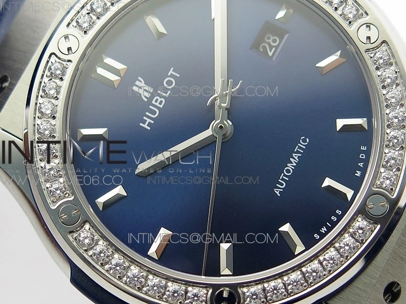Classic Fusion 42mm SS Paved Diamonds Bezel B50F Blue Dial On Blue Gummy Strap A2892